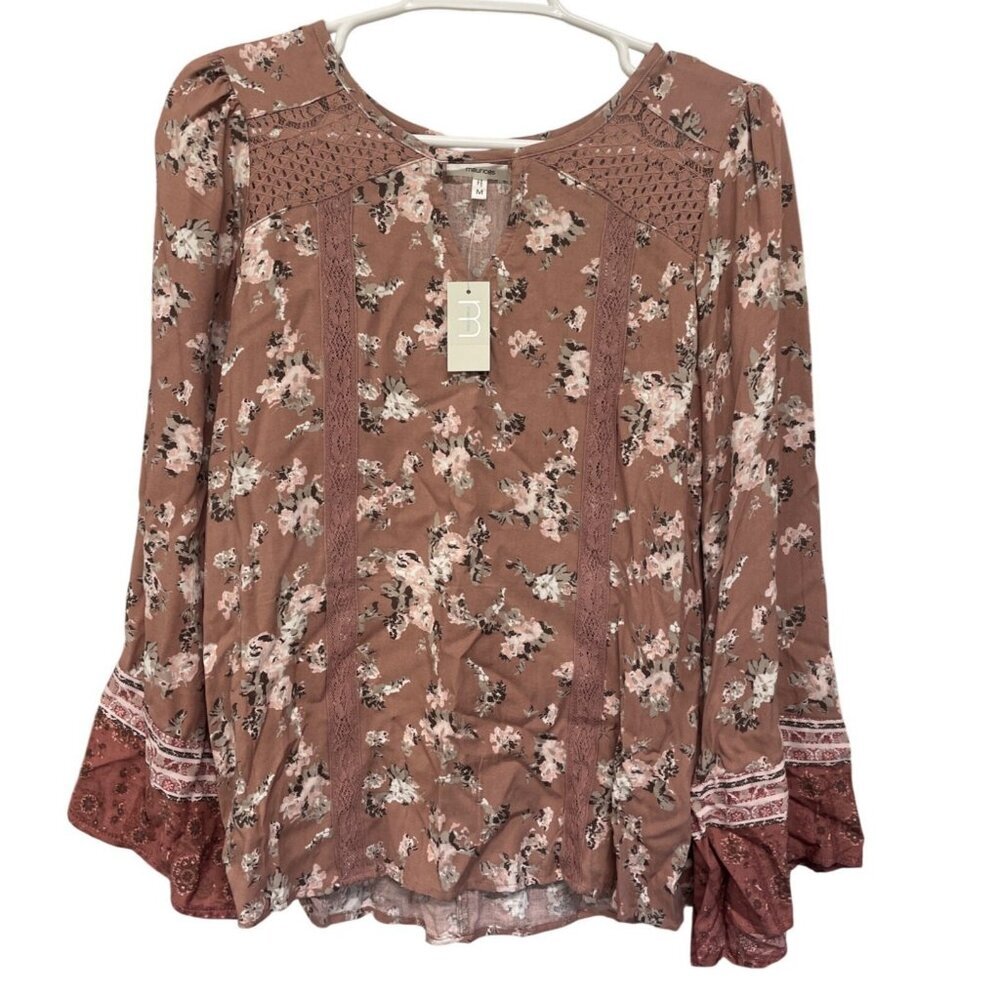 Maurices Floral‎ Boho Top Lace Detail Bell Sleeves Womens M Rayon Pink/Brown
